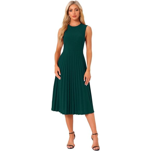 Dresses & Skirts - Women's Sleeveless Pleated Dress Knitted Midi Crew Neck Elegant Office